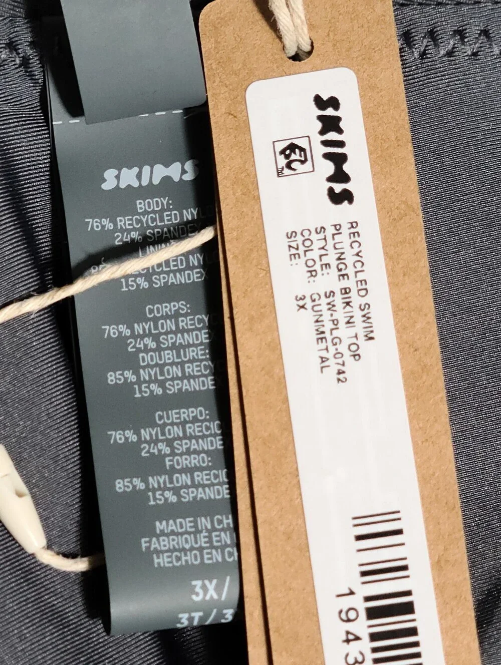 SKIMS Swim Plunge Bikini Top Grey Gunmetal Women 3X NEW